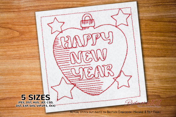 Happy New Year with Heart Design Redwork